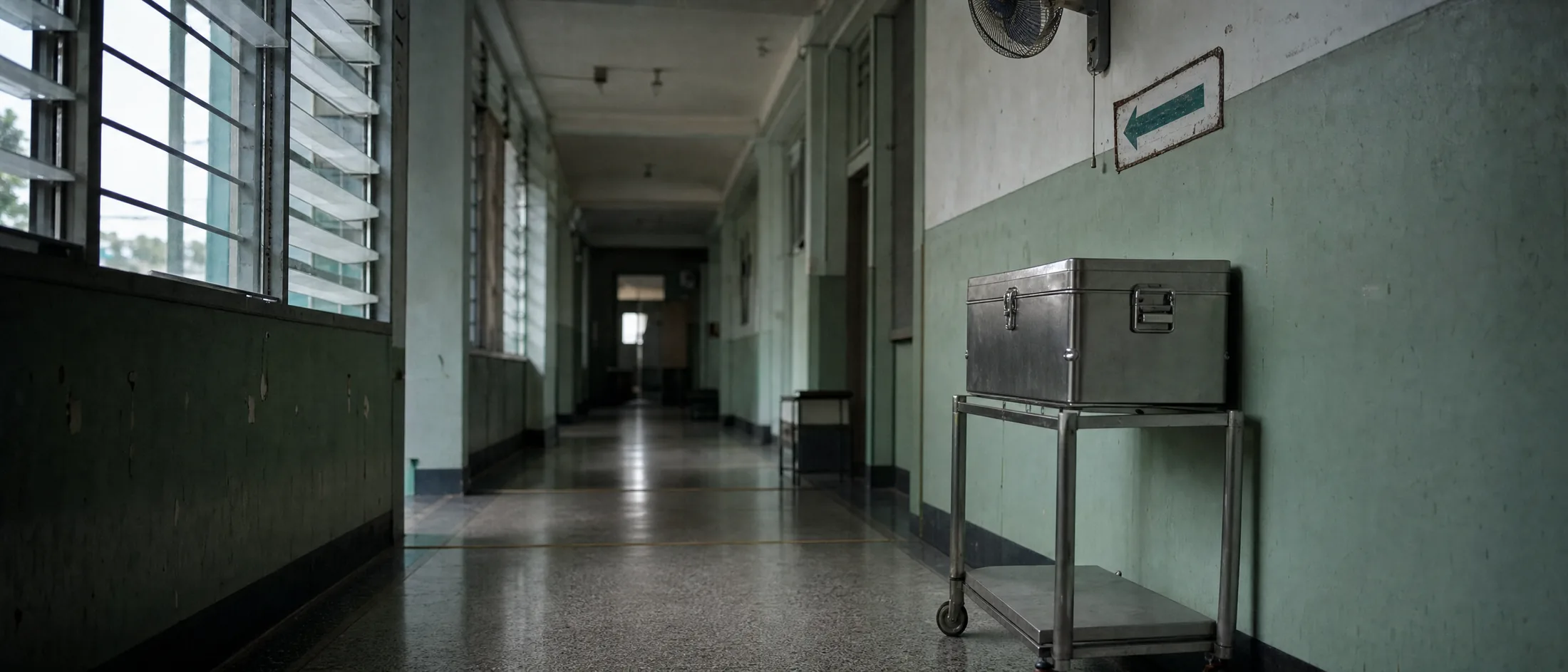 An empty corridor in a Philippine provincial hospital before dawn. A stainless steel instrument case stands latched on a wheeled trolley against the wall.